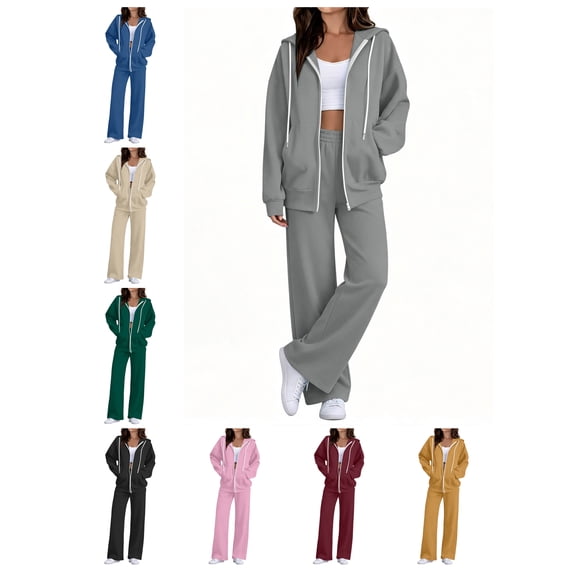 Atkumj Womens Sweatsuits 2 Piece Set Full Zip Casual Winter Long Sleeve Hoodie and Sweatpants Track Suits 2 Piece Set Versatile Solid Color 2 Piece Sets for Women Fall 3XL