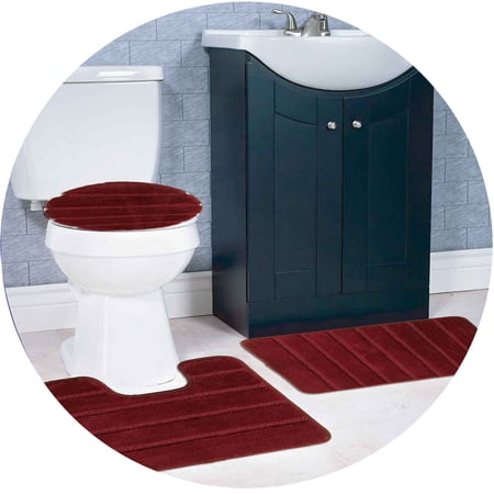 Atlanta 3-Piece Non-Slip Striped Tufted Bath Rug Set, Burgundy