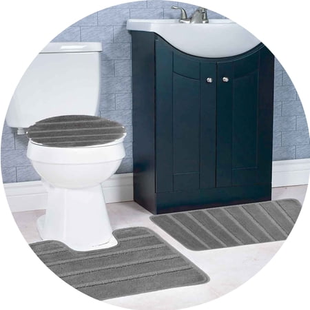 Atlanta 3-Piece Non-Slip Striped Tufted Bath Rug Set, Gray