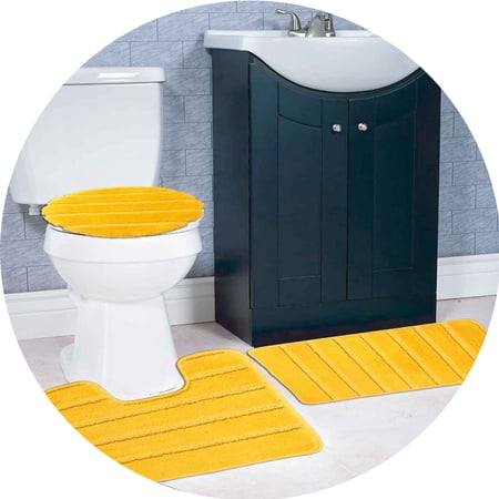 Atlanta 3-Piece Non-Slip Striped Tufted Bath Rug Set, Yellow