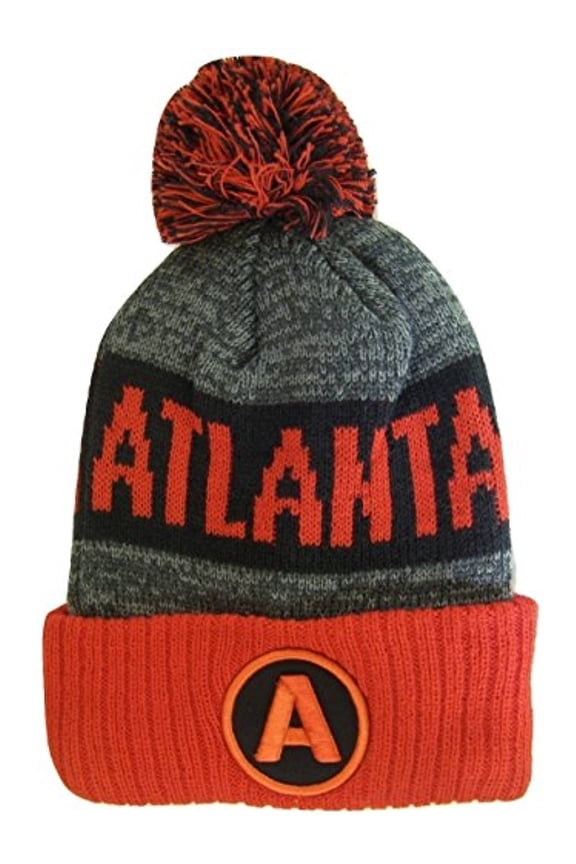 Atlanta A Patch Ribbed Cuff Knit Winter Hat Pom Beanie (Red/Black Patch)