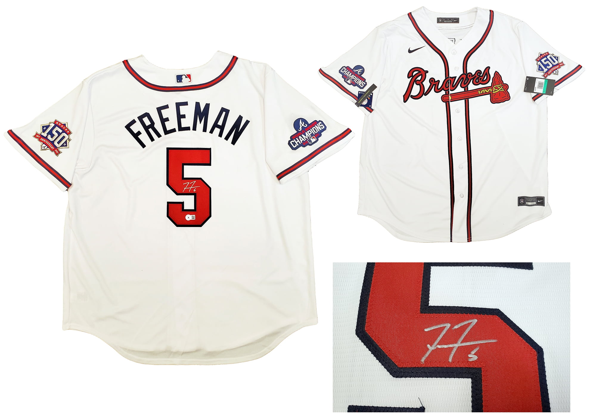Atlanta Braves Freddie Freeman Autographed White Nike Jersey World Series Patch Size XL Beckett BAS QR 200886