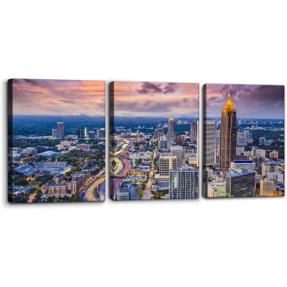 Atlanta Cityscape Wall Art Painting Georgia City Skyline Pictures Print on Canvas for Home Decoration Downtown Skyscrapers Painting Stretched and Framed Ready to Hang - 12"x16"x3 Panels