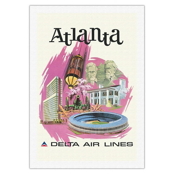 Atlanta Georgia - Delta Air Lines - Vintage Travel Poster by Fred Sweney c.1960s - Fine Art Rolled Canvas Print 27in x 40in