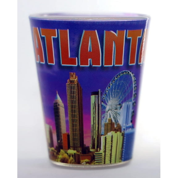 Atlanta Georgia Lavender Pink Skyline Orange Letters Shot Glass
