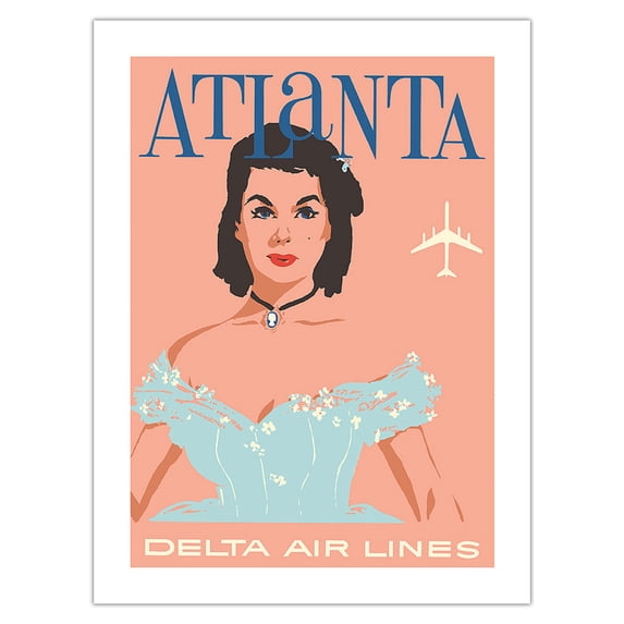 Atlanta Georgia - Southern Belle - Delta Air Lines - Vintage Airline Travel Poster by John Hardy c.1960s - Bamboo Fine Art 290gsm Paper Print (Unframed) 24x32in