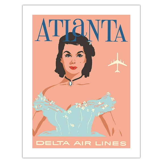 Atlanta Georgia - Southern Belle - Delta Air Lines - Vintage Airline Travel Poster by John Hardy c.1960s - Bamboo Fine Art 290gsm Paper (Unframed) 17x22in