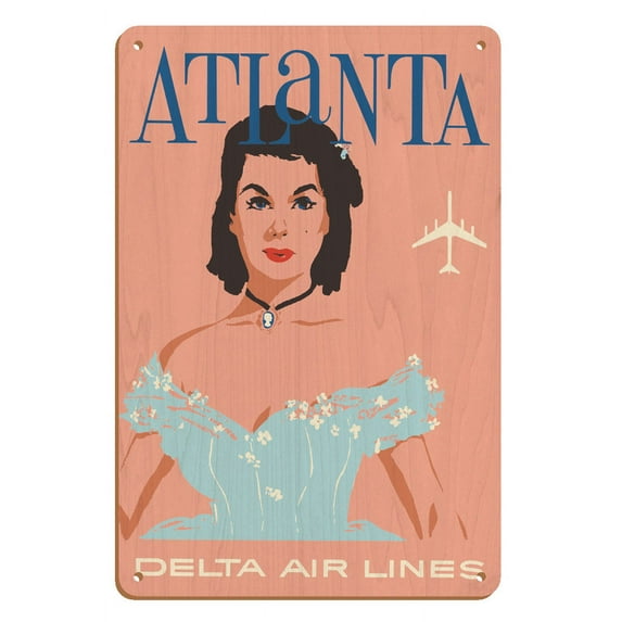 Atlanta Georgia - Southern Belle - Delta Air Lines - Vintage Airline Travel Poster by John Hardy c.1960s - 8 x 12 inch Vintage Wood Art Sign