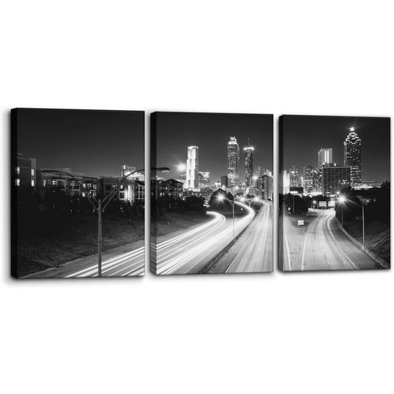 Atlanta Night View Canvas Wall Art, Set of 3 Framed Painting Prints, Jackson Street City Skyline Pictures Modern Wall Decor for Living Room Bedroom Office Ready to Hang - 12"x16"x3 Panels