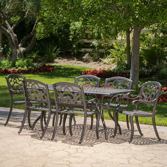 Atlanta Outdoor 7 Piece Cast Aluminum Rectangular Dining Set, Shiny Copper Finish