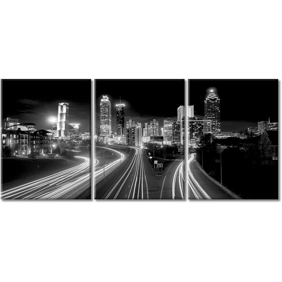 Atlanta Skyline 3 Pieces Modern Canvas Painting Wall Art The Picture for Home Decoration View of Skyscrapers with Light Trails of Traffic Print on Canvas Giclee Artwork Wall Décor, 12"x16"x3 Panels