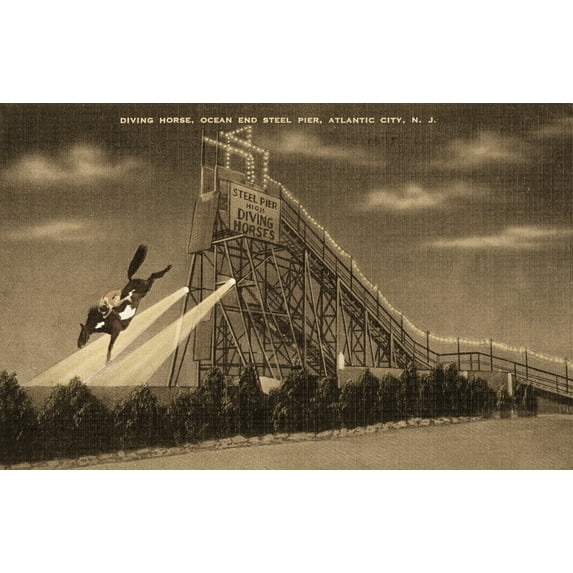 Atlantic City, New Jersey, Ocean End Steel Pier Diving Horse Scene, Sepia Version (9x12 Wall Art Print, Home Decor)