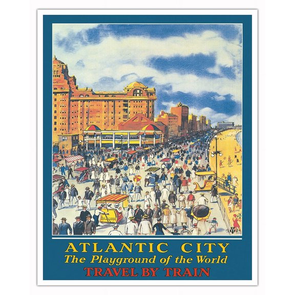 Atlantic City - Playground of the World - Travel By Train - Vintage Railroad Travel Poster c.1932 - Fine Art Matte Paper Print (Unframed) 16x20in