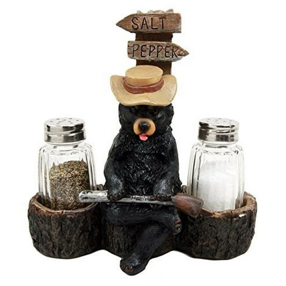 Atlantic Collectibles Black Bear With Shotgun On Cross Road Salt Pepper Shakers Holder Figurine 6.5"H