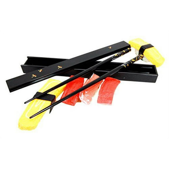 Atlantic Collectibles Black Dragonfly Tombo Design Lacquered Chopstick Set With Travel Storage Case