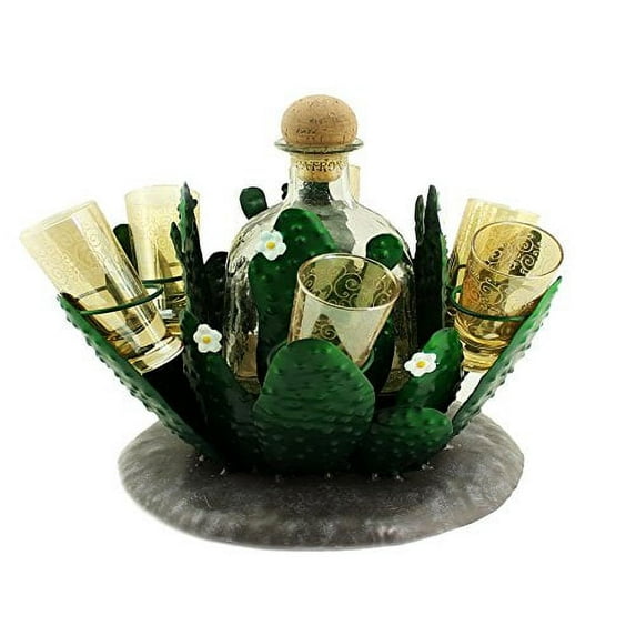 Atlantic Collectibles Cactus Whisky Liquor Hand Made Metal Bottle And Shot Glass Holder Figurine 8.25"H