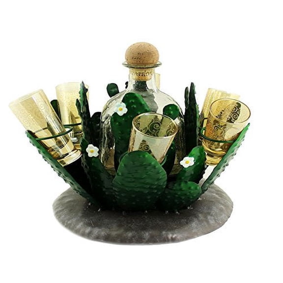 Atlantic Collectibles Cactus Whisky Liquor Hand Made Metal Bottle And Shot Glass Holder Figurine 8.25"H