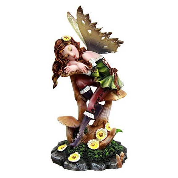 Atlantic Collectibles Daisy Mushroom Cottage Garden Fairy Daydreaming Figurine 5.25"Tall