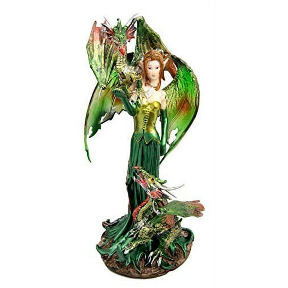 Atlantic Collectibles Emerald Elf Fairy With 2 Green Guardian Dragons Figurine 9"H