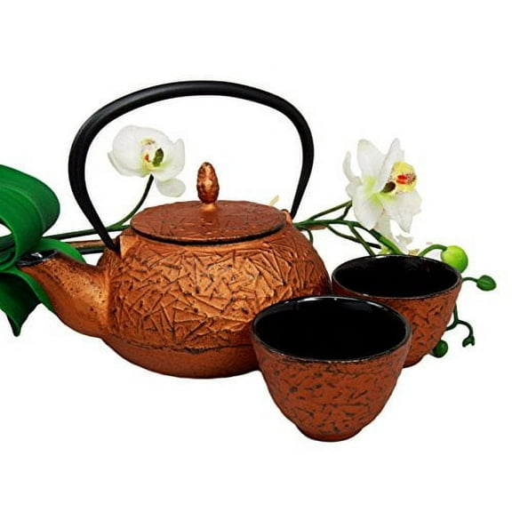 Atlantic Collectibles Japanese Pine Copper Finish Matchstick Pattern Heavy Cast Iron Tea Pot and Cups Set Serves 2