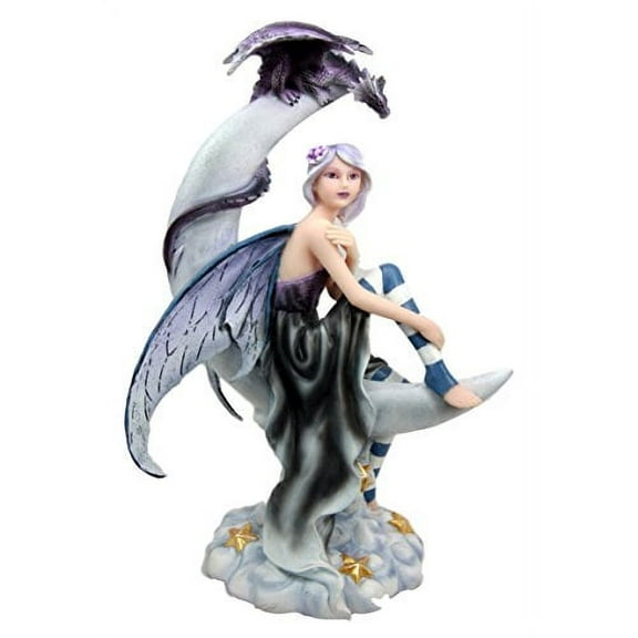 Atlantic Collectibles Large Celestial Crescent Moon Fairy With Pet Dragon Figurine 13"H