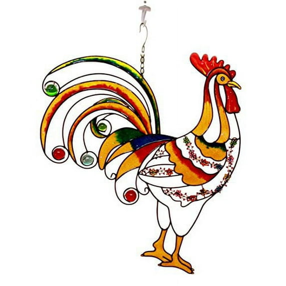 Atlantic Collectibles Large Hanging Rise & Shine Colorful Gem Rooster Stained Glass Art Garden Patio Metal Wall Plaque 20"H