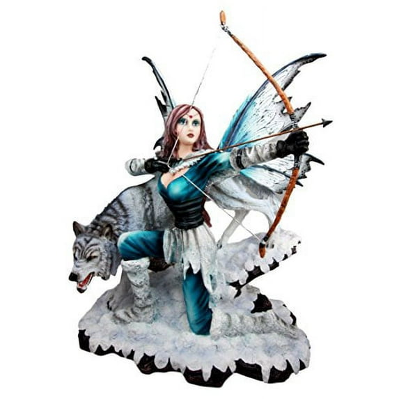 Atlantic Collectibles Large Snowcap Winter Huntress Fairy With Bow and Arrow By Alpha Wolf Fenrir Figurine 18"H