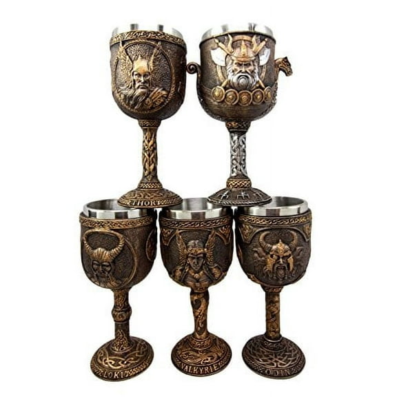 Atlantic Collectibles Norse Mythology Viking Deities Odin Loki Thor Valkyrie Battle Longship 7oz Resin Wine Goblet Chalice Set of 5 With Stainless Steel Liner