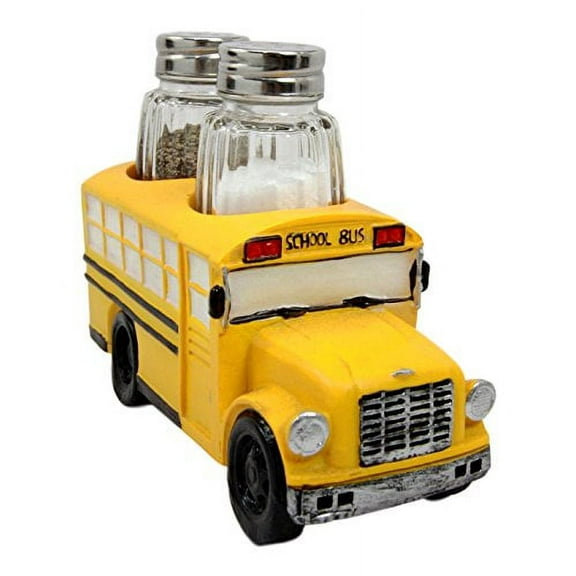 Atlantic Collectibles North American Yellow School Bus Decorative Glass Salt Pepper Shakers Holder Resin Figurine 6"L