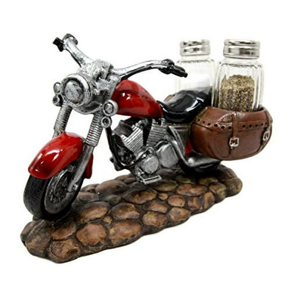 Atlantic Collectibles Old Retro Red Chopper Motorcycle Bike Decorative Glass Salt Pepper Shakers Holder Resin Figurine 7.5"L
