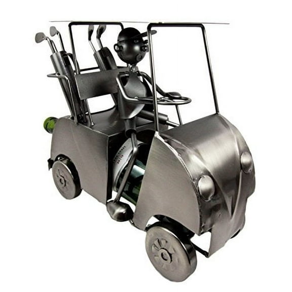 Atlantic Collectibles Professional Golfer With Golf Cart Hand Made Metal Wine Bottle Holder Caddy Decor Figurine 13.5"L