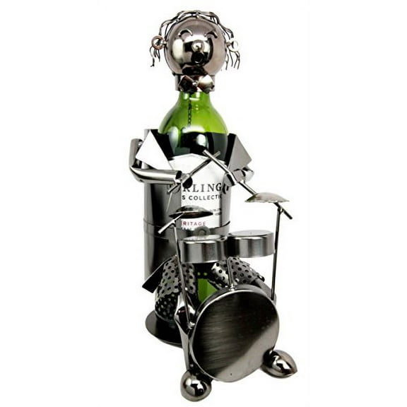 Atlantic Collectibles Rock Band Musician Drummer Hand Made Metal Wine Bottle Holder Caddy Decor Figurine 12"H