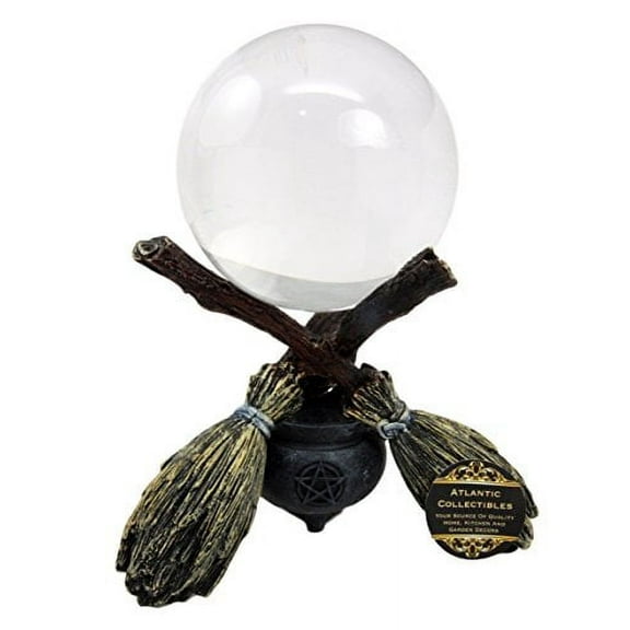 Atlantic Collectibles Scrying Witch Crystal Glass Gazing Ball On Broomsticks and Potion Cauldron Figurine 8"H