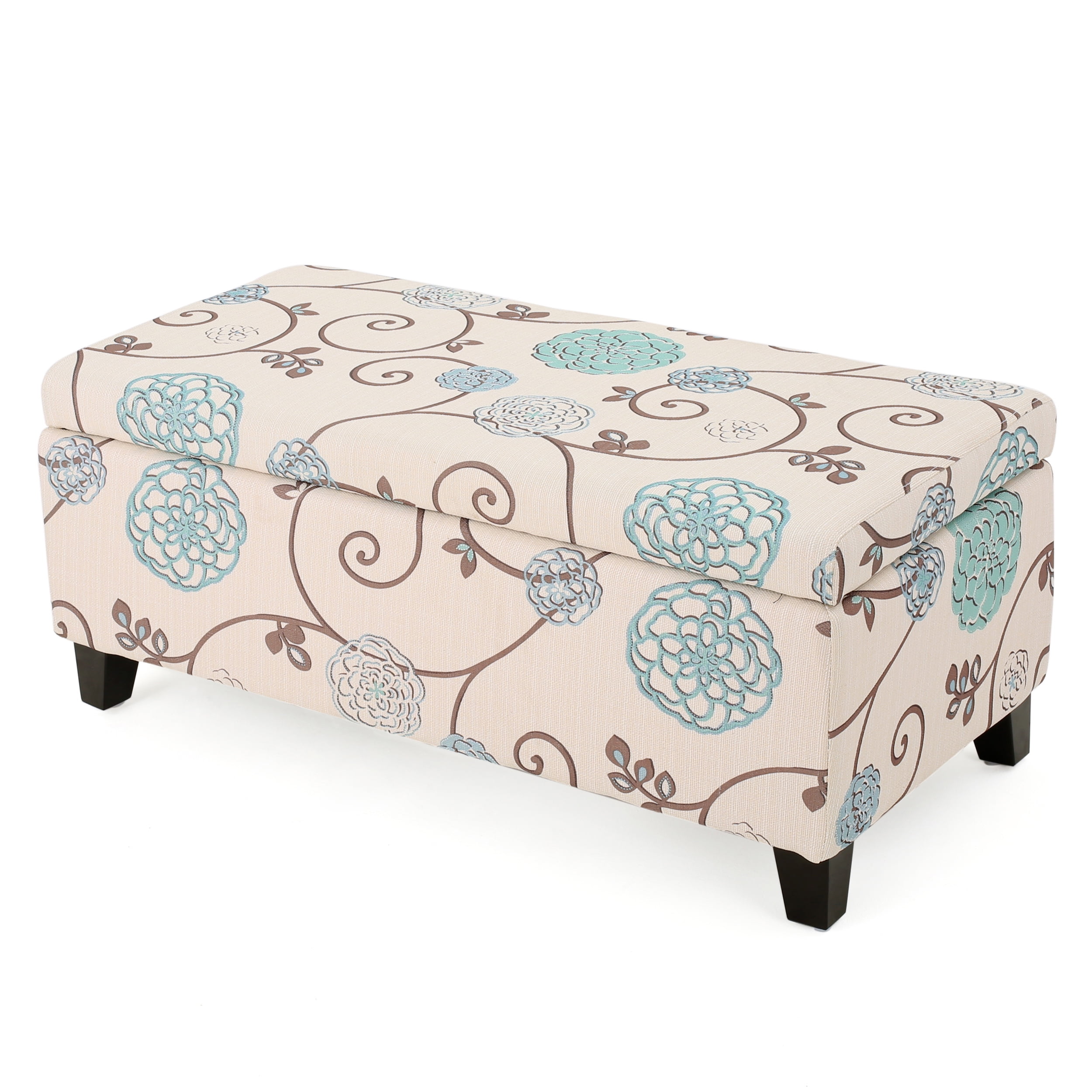 White and Blue Floral Fabric Upholstered Storage Ottoman with Birch Legs