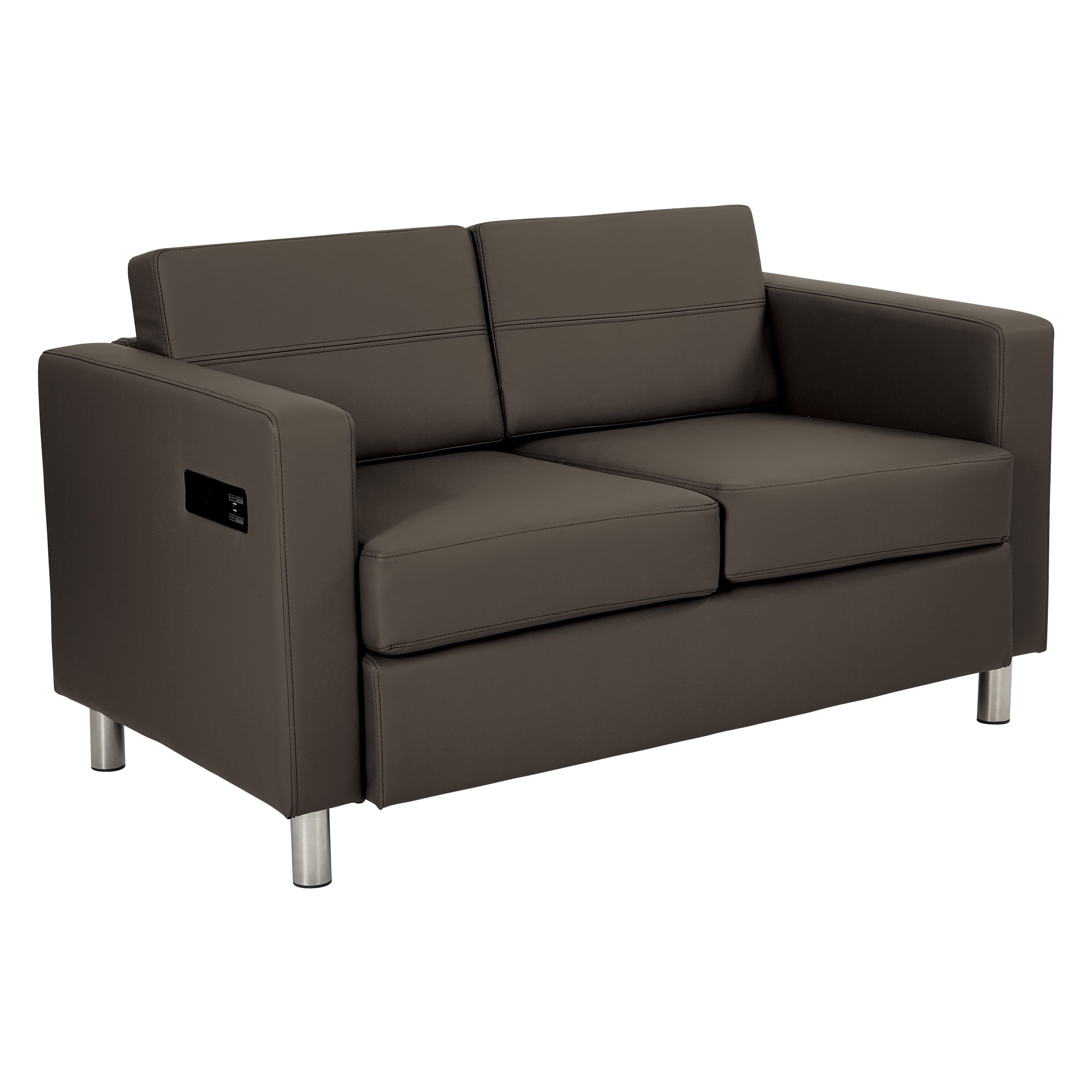 Dillon Graphite Faux Leather Loveseat with Silver Legs and Charging Station