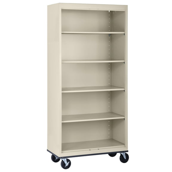 Sandusky Welded Steel Freestanding Mobile Bookcase Storage Cabinet with Wheels, Putty