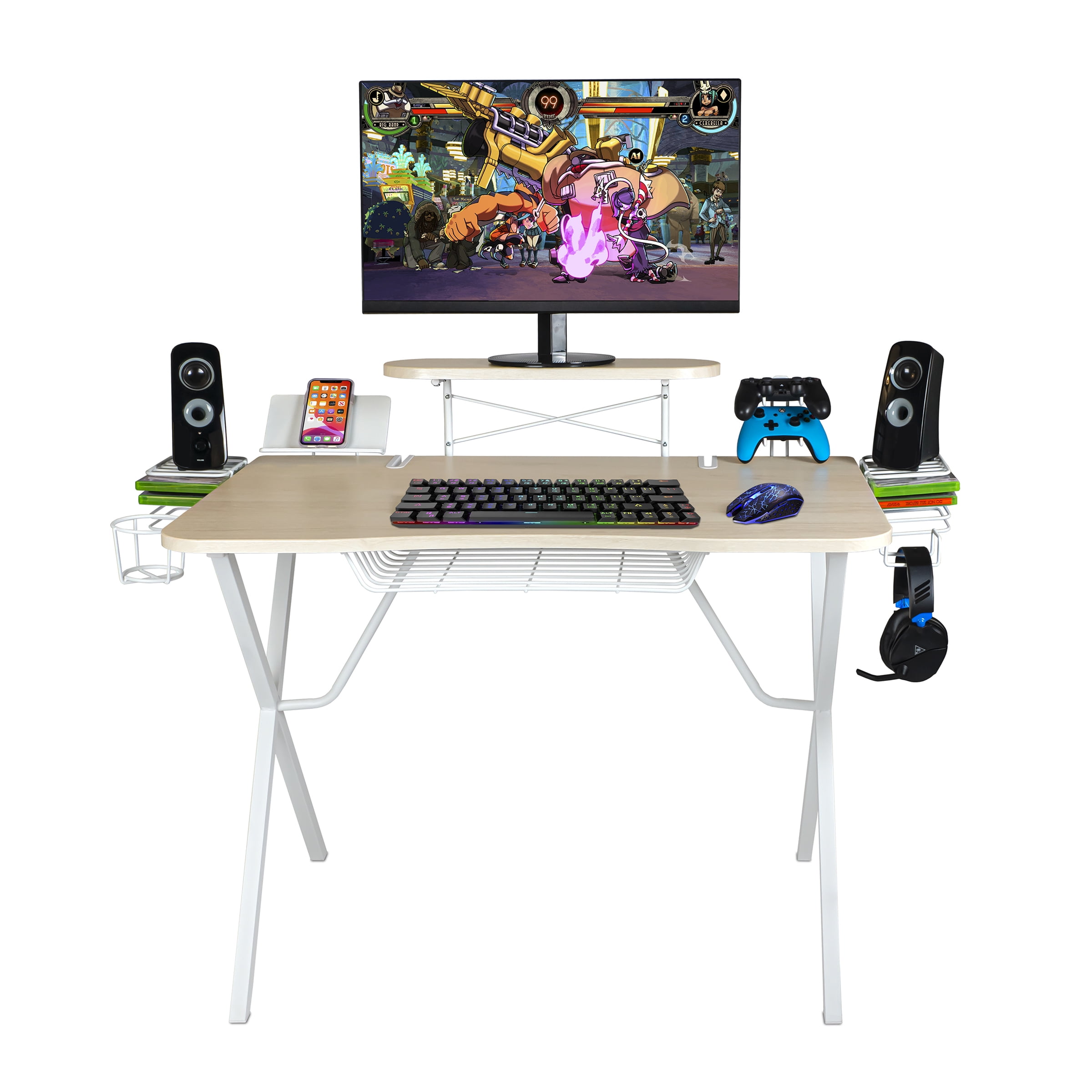 Professional Gaming Desk W/ Built-in Storage Metal Accessory Holders Cable  Slots