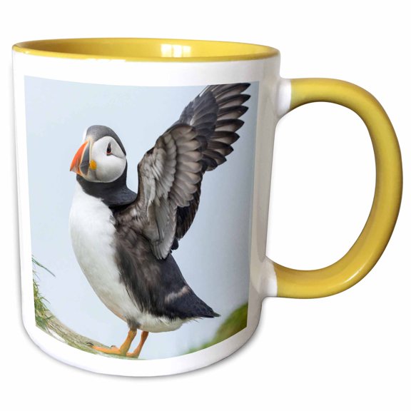3drose, Atlantic Puffin Stretches, Mykines, Faroe Islands, Denmark, 11oz Two-tone Yellow Mug