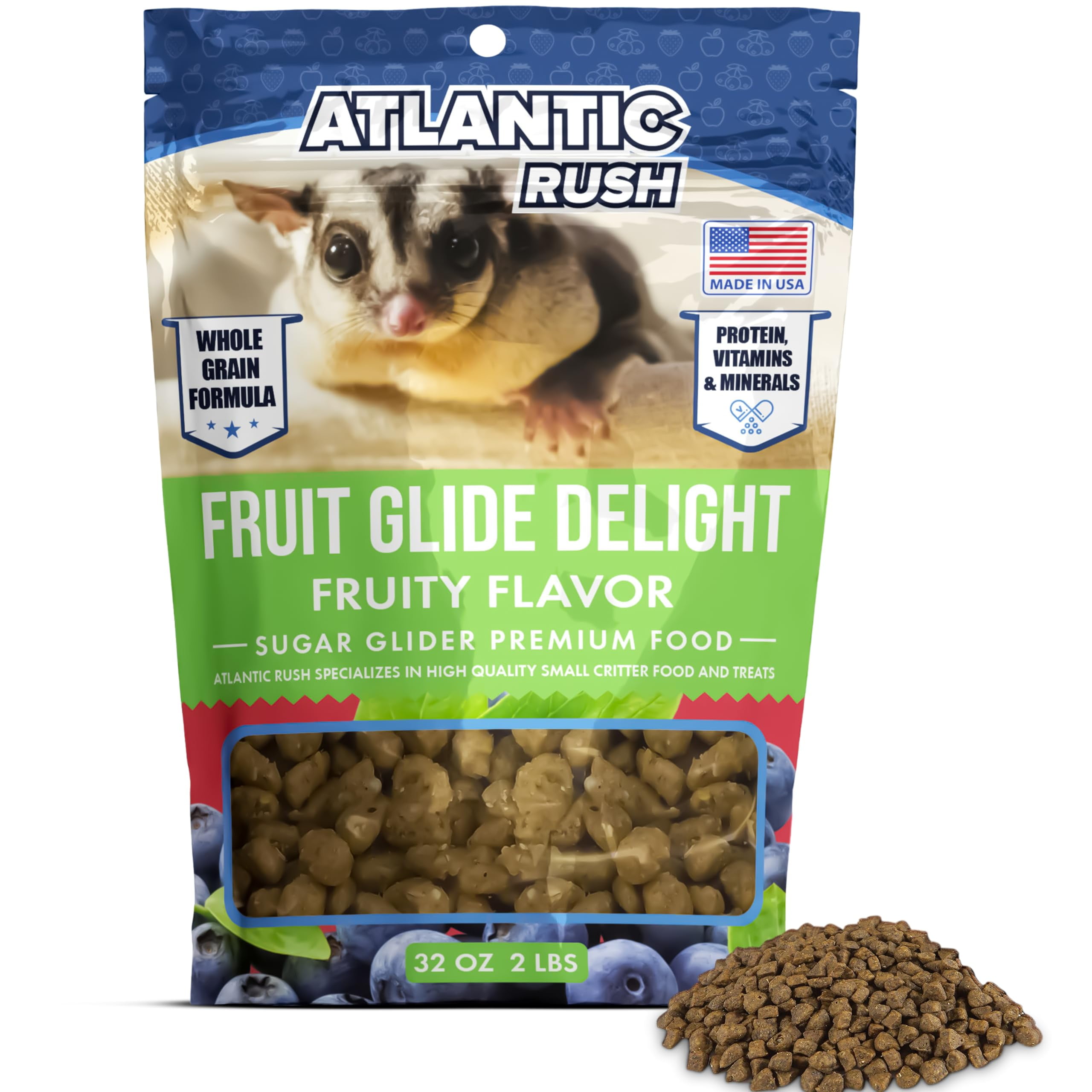 Atlantic Rush Fruit Glide Delight Sugar Glider Food - 2lb Resealable Bag of Food for Sugar Gliders - Sourced and Made in USA - Sugar Glider Supplies