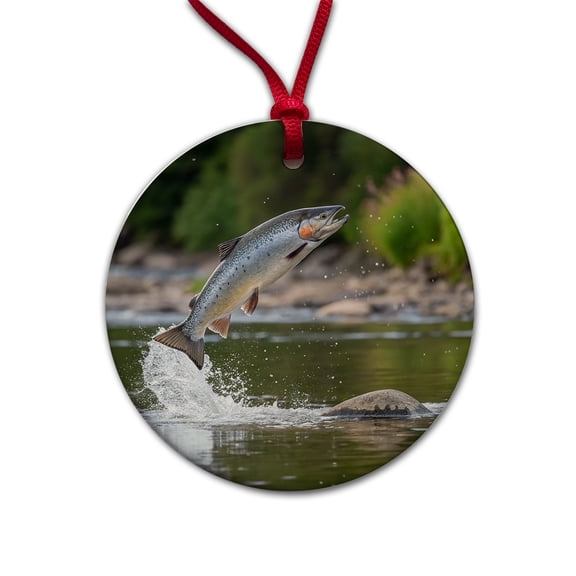 Atlantic Salmon Fish Jumping Fishing River Christmas Tree Holiday Round Ceramic Ornament
