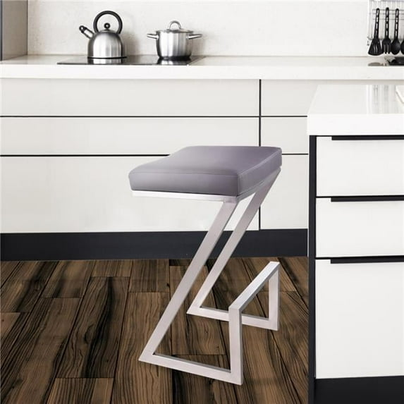 Atlantis 26 in. Counter Height Backless Barstool in Brushed Stainless Steel with Grey Faux Leather
