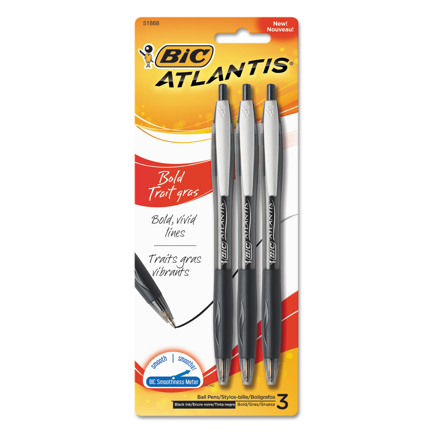 Atlantis Bold Retractable Ball Pen, Black, 3/Pack 