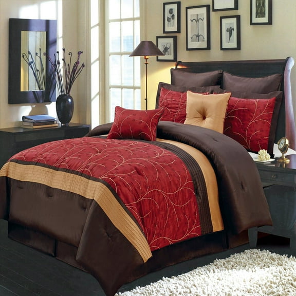 Atlantis Embroidered 8-PC Bedding Set, Includes Comforter, Bed Skirt, Shams and Pillows - King - Red