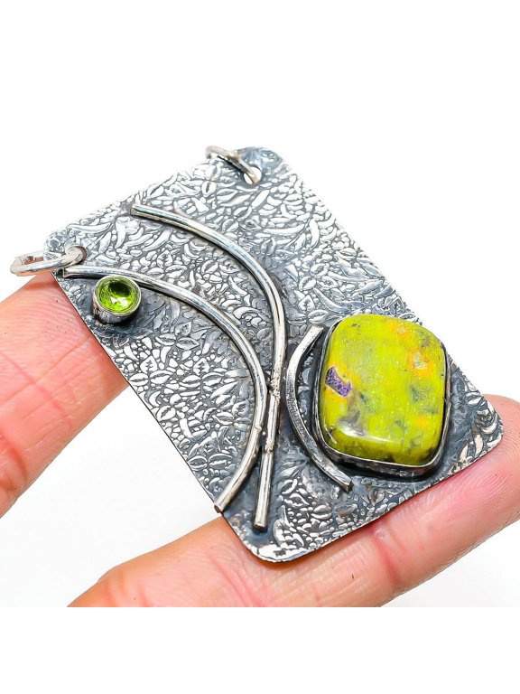 Natural Atlantisite, Peridot Gemstone 925 Sterling Silver Pendant 2.36"