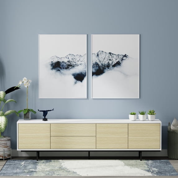 Atlas 78" x 20" Modern TV Stand Cabinet - White Frame, White Oak Door/Drawers, Black Base