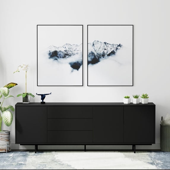 Atlas 78" x 28" Highboy Modern TV Stand Cabinet And Sideboard - Black Frame, Black Door/Drawers, Black Base