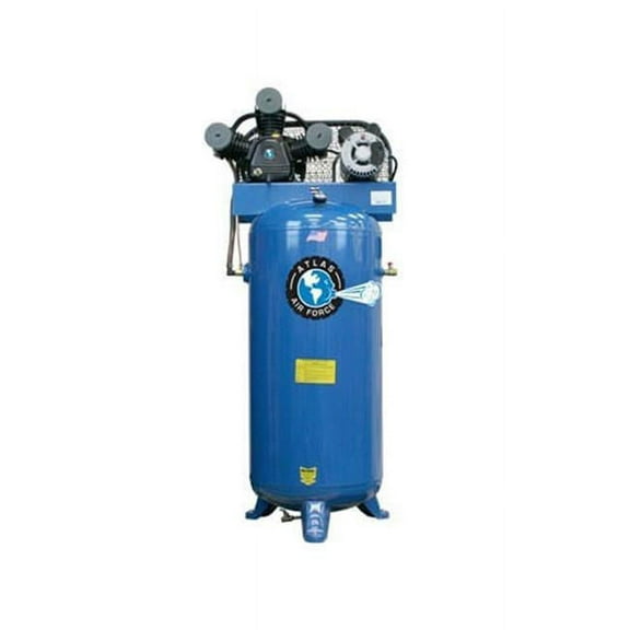 Atlas Automotive Equipment AF5 Vertical 60 Gallon Air Compressor, 3 Cylinder, 1-Stage Pump, 5hp Running Motor, 90-125 PSI, 220V Single Phase, Quiet Operation, 1/2" NPT Air Outlet, Made in USA