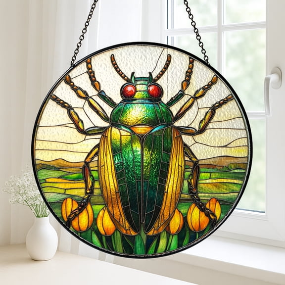 Atlas Beetle Window Suncatcher, Faux Stained Glass Insect Panel for Bug Enthusiasts and Decorative Homes