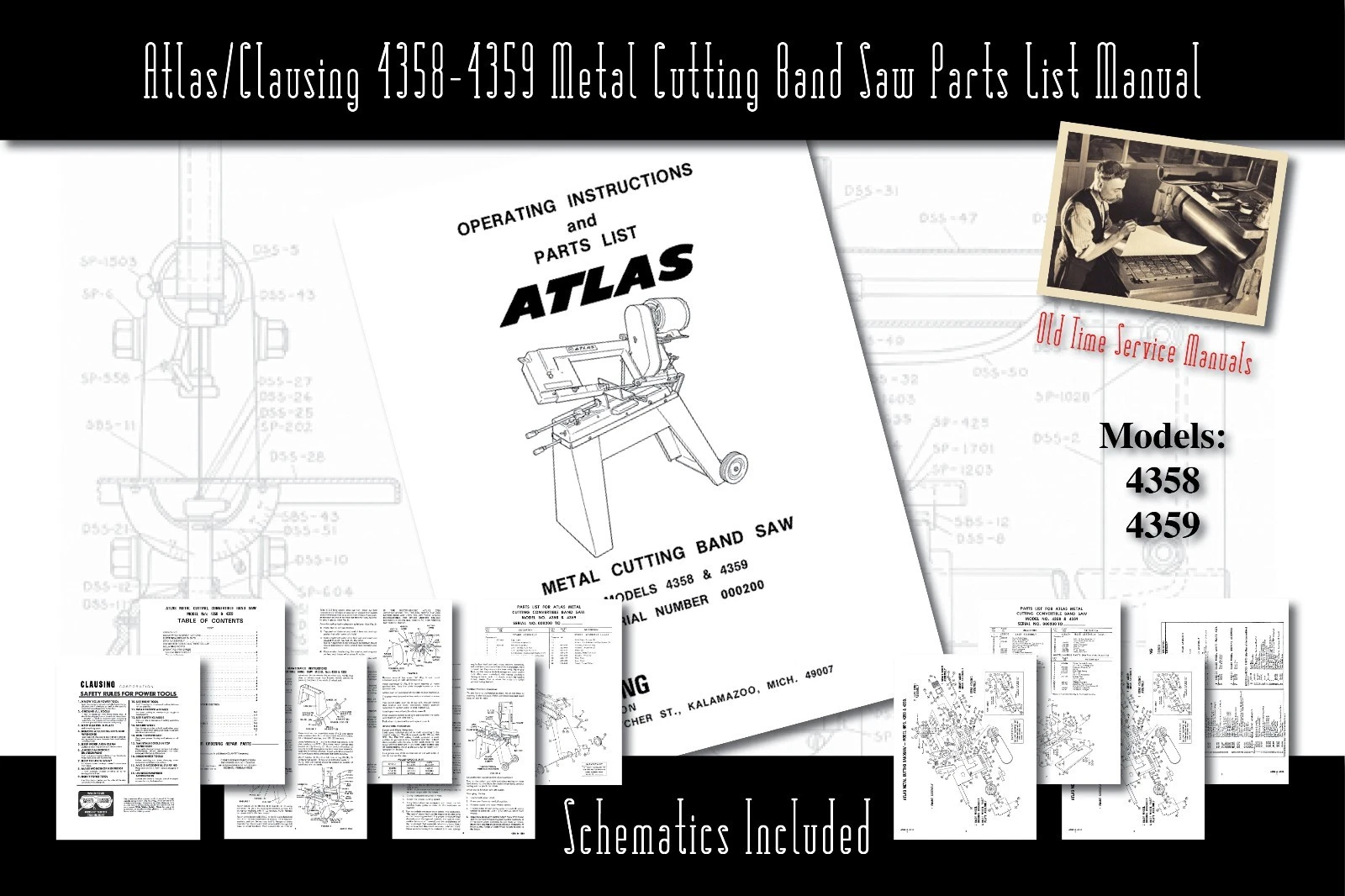 Atlas/Clausing 4358-4359 Metal Cutting Band Saw Manual Part List Schematics Etc.