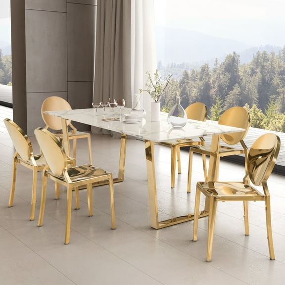 Atlas Dining Table White & Gold Dining Table, Modern Style, Faux Marble Composite Stone rectangular shape tabletop, Stainless Steel, Indoor Dining